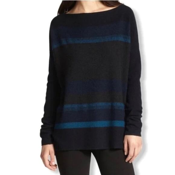 Vince Wool Cashmere Striped Boat Neck Long Sleeve Blue Gray Sweater Size S - Picture 15 of 16
